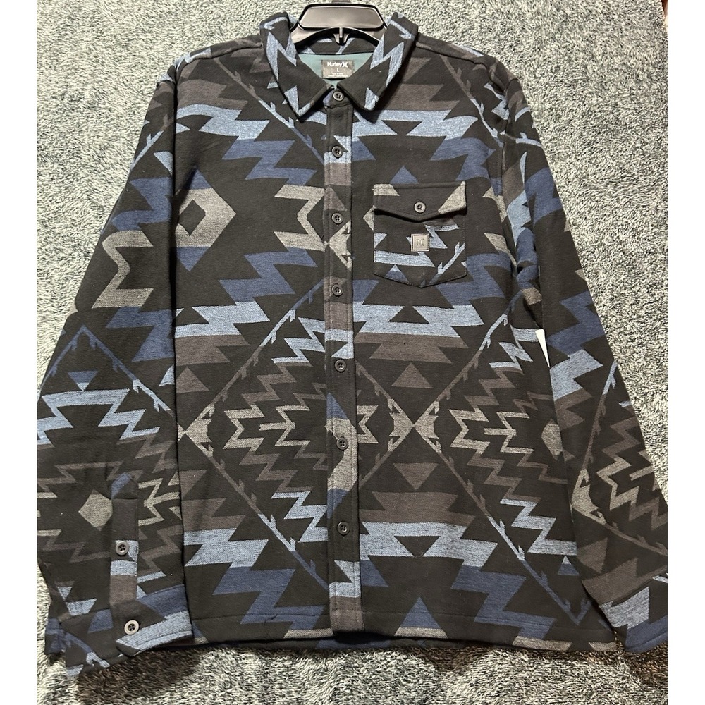 Hurley Shacket Men's Size Large Black Aztec Santa Cruz Jacquard Flannel Skater